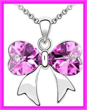 *R1*  ROSE PINK BOW SWAROVSKI ELEMENTS PENDANT & CHAIN