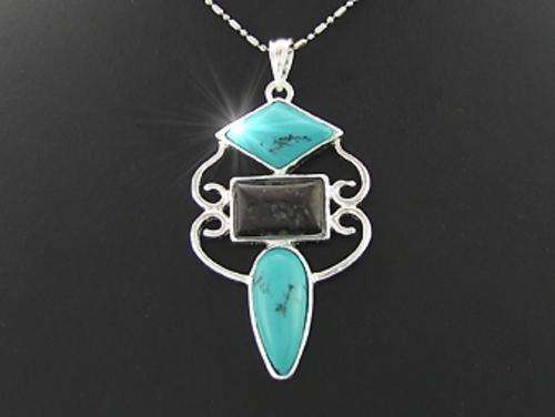 *R1* - BLACK AGATE & TURQUOISE GEMSTONE SILVER PENDANT