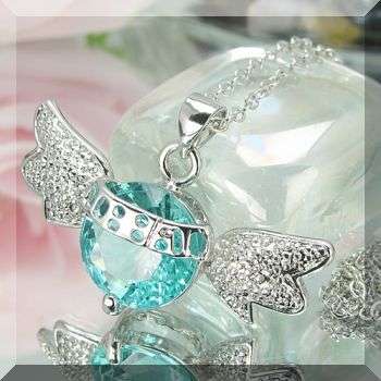 WINGS WITH AQUAMARINE CZ PENDANT & CHAIN