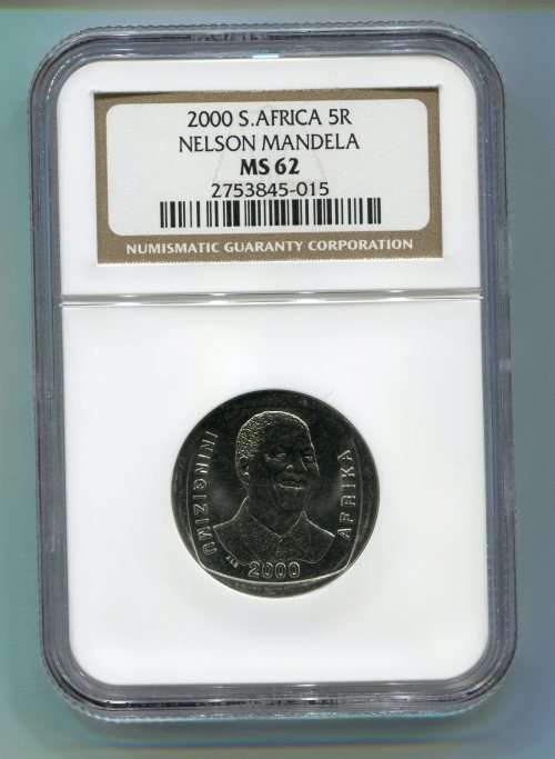 NGC GRADED MS62 COIN  MS 62  NELSON MANDELA SMILEY YEAR 2000 , R5 COIN  , BUY IT NOW