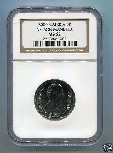 NGC GRADED MS62 COIN  MS 62  NELSON MANDELA SMILEY YEAR 2000 , R5 COIN  , BUY IT NOW