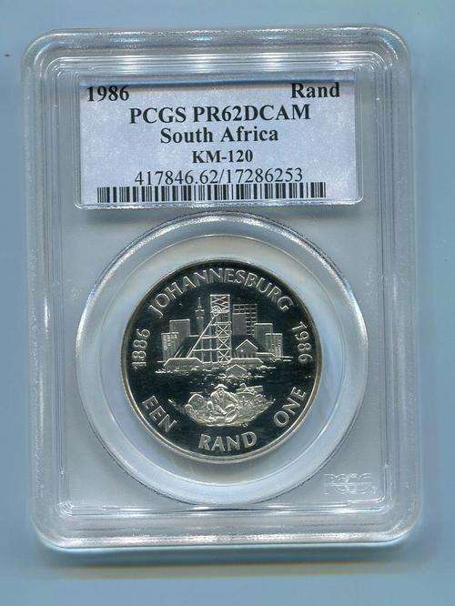 PCGS  PROOF PR62DCAM SOUTH AFRICA 1986 R1 JOHANNESBURG  SILVER  COIN
