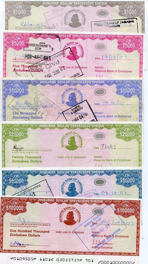 ZIMBABWE DOLLAR TRAVELLERS CHEQUES 2003 COMPLETE SET (6) P  15,16 ,17,18,19,20 - CHEQUE