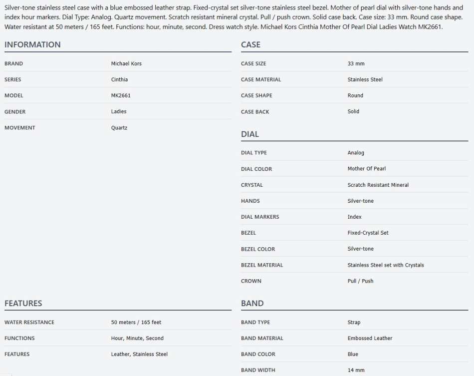 MICHAEL KORS Cinthia MK2661 Mother Of Pearl Dial Quartz Watch