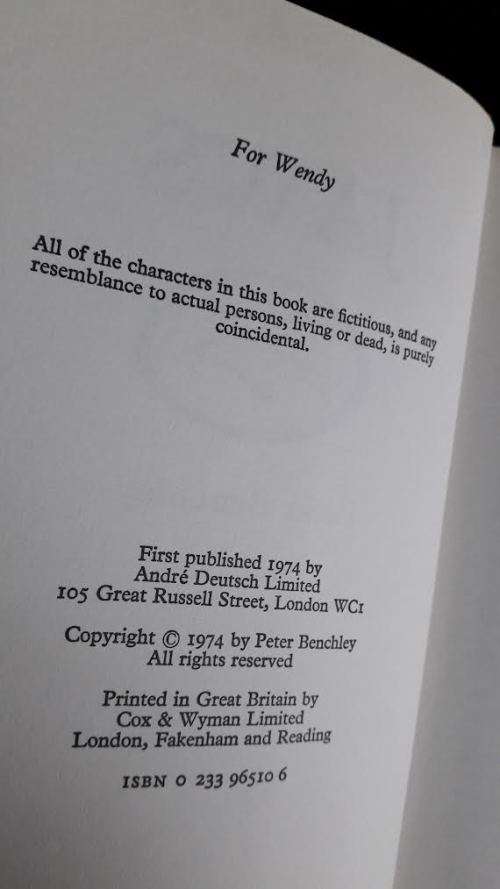 JAWS by Peter Benchly. First Published 1974 Andre Deutsch.