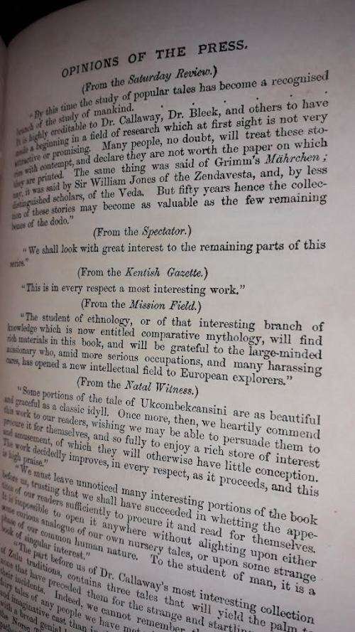 ZULU Africana. Nursery Tales, Traditions and Histories of the Zulus by the Rev. C Callaway, 1868.