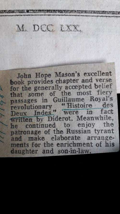 Histoire Philosophique et Politique, Anonymous (Diederot). Amsterdam 1770 - Very 1st Ed. 4/6 Vols.