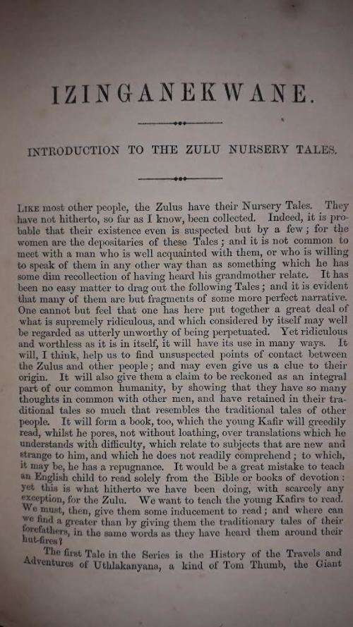 ZULU Africana. Nursery Tales, Traditions and Histories of the Zulus by the Rev. C Callaway, 1868.