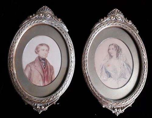 Antique watercolor portraits. TH Burnett and spouse. English 1800`s. Offers welcome!!
