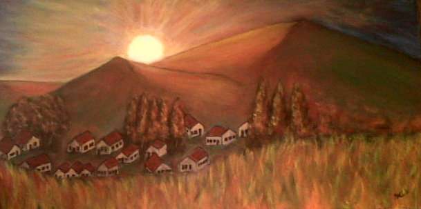 LOVELY RICH COLOURS - Village Sunrise - Original Mari Mackie - 300 X 610 X 40 mm