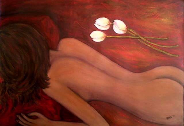 Stunning - Original Mari Mackie - Nude with 3 Tulips 1 - 420 X 590mm