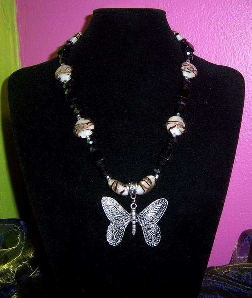 Black & White glass, silver spacers, butterfly Pendant - Costume Jewellery- Designed by Ina Hattingh