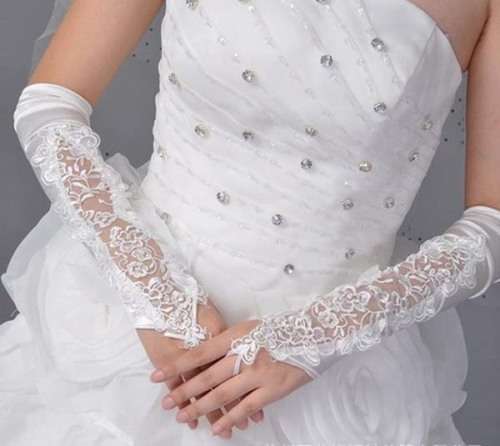 MANTILLA BRIDAL Offers - Pair of IVORY Fingerless Satin Like Bridal Gloves with Lace & Sequins - 17"