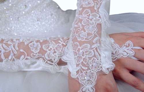 MANTILLA BRIDAL Offers - Pair of IVORY Fingerless Satin Like Bridal Gloves with Lace & Sequins - 17"