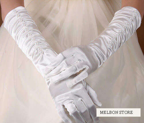 MANTILLA BRIDAL Offers - Pair of WHITE Satin Like Bridal Gloves with Faux Pearls - 15"