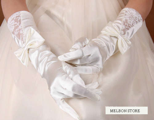 MANTILLA BRIDAL Offers - Pair of WHITE Satin Like Bridal Gloves with Faux Pearls & Lace - 14.5"