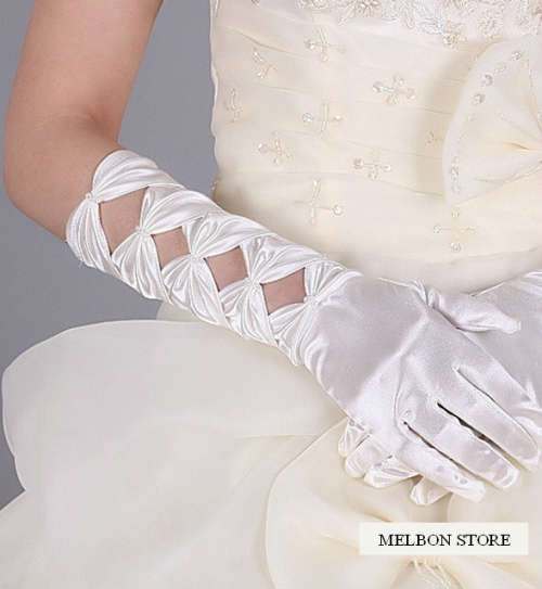 MANTILLA BRIDAL Offers - Pair of WHITE Satin Like Bridal Gloves with Faux Pearls - 15"