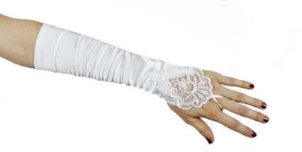 MANTILLA BRIDAL - Pair WHITE Fingerless Satin Like Bridal Gloves with Faux Pearls & Lace - 12"