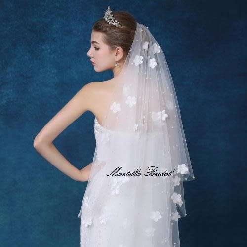 MANTILLA BRIDAL - 2.10m Ivory 1 Tier Wedding Veil with Flowers and Faux Pearls