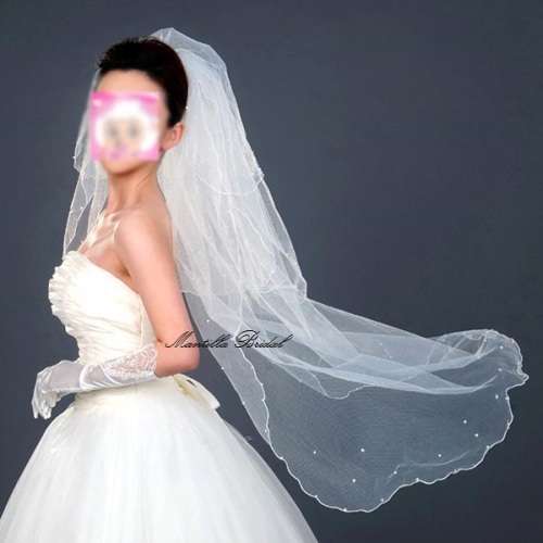 MANTILLA BRIDAL - 3 Tiers of White Wedding Veil with Faux Pearls and Rattail Edge