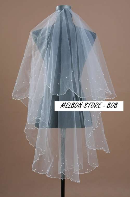 MANTILLA BRIDAL - 1 Tier of White or Ivory Wedding Veil with Faux Pearls and Scalloped Edge