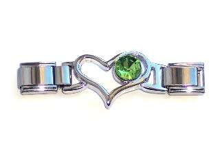 SALE!! 9mm Charms- Connector- Fits Nomination- Replaces 3 Links - PERIDOT GREEN CRYSTAL OPEN HEART