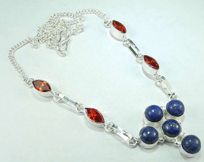 GORGEOUS LAPIS LAZULI AND ORANGE QUARTZ GEMSTONE 925 SILVER NECKLACE 18 3/4" - P621