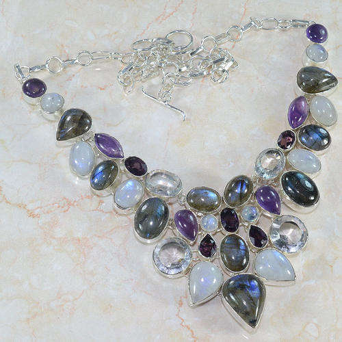 Huge Mixed Natural Gemstone 925 Silver Necklace 21" - VIII 31