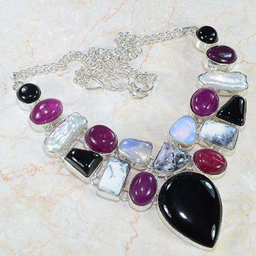 DISTINCT HUGE MULTI NATURAL GEMSTONE 925 SILVER NECKLACE 20" - U7327 J3
