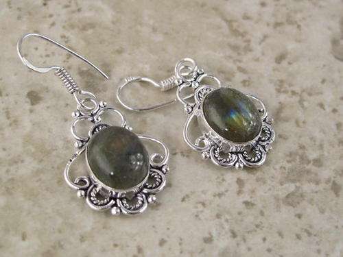 FLASHING LABRADORITE NATURAL GEMSTONE 925 SILVER EARRINGS 1.5" - 7143 V9