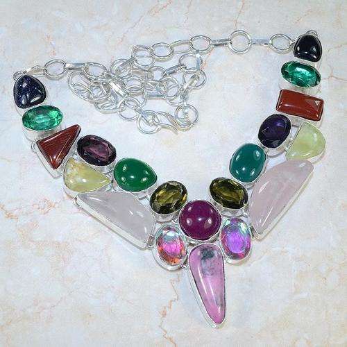11 DIFFERENT GEMS - MULTI GEM NATURAL GEMSTONE 925 SILVER NECKLACE 18.75" - X942 J9