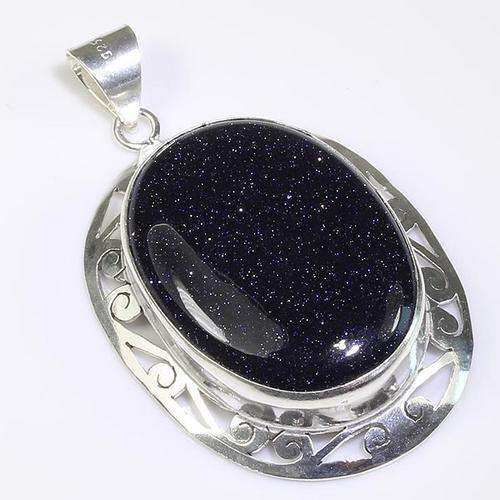 TWINKLING BLUE SUN SITARA NATURAL GEMSTONE 925 SILVER PENDANT 2.25" - B7192 J12