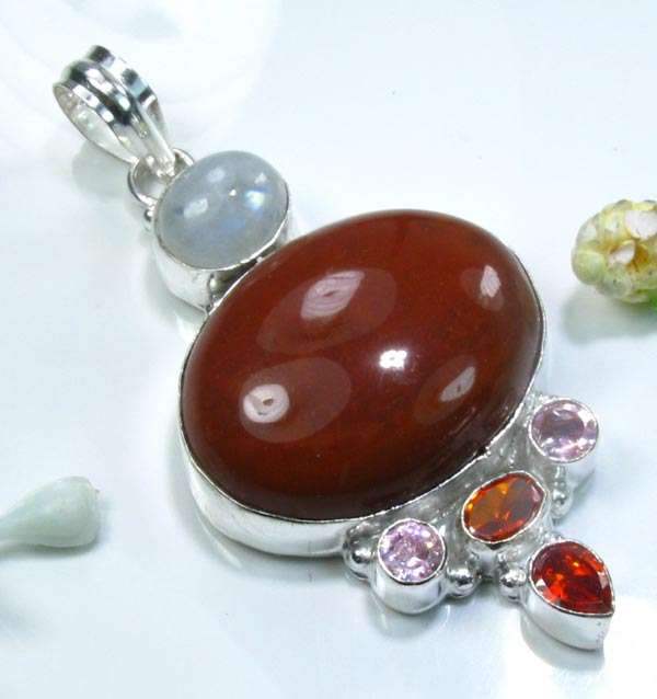 RED ONYX+ RAINBOW MOONSTONE+ TOPAZ+ CITRINE+ GARNET NATURAL GEMSTONE 925 SILVER PENDANT 2.5" - M3895