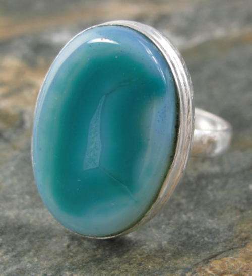 REFRESHING MILKY GREEN AGATE NATURAL GEMSTONE 925 SILVER RING #10 - 6599