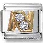 Italian Charms - Fits All 9mm Modular Bracelets - Letters - GOLD WITH CRYSTALS LETTER N