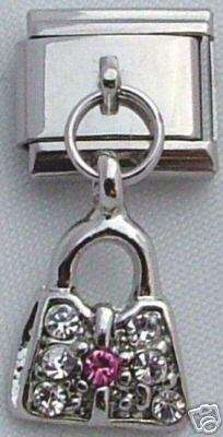 Italian Charms - Fits All 9mm Modular Bracelets - DANGLE - HANDBAG WITH PINK CRYSTAL