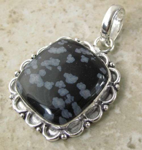DREAMY SNOWFLAKE OBSIDIAN NATURAL GEMSTONE 925 SILVER PENDANT 1.75" - 8358