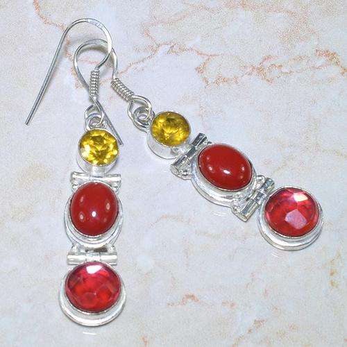 VIBRANT RED CORAL, RED MYSTIC TOPAZ, CITRINE NATURAL GEMSTONE 925 SILVER EARRINGS 2.5" - E87062 J17