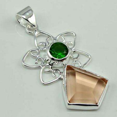 TRENDY MORGANITE QUARTZ & DIOPSIDE QUARTZ GEMSTONE 925 SILVER PENDANT 2.25"
