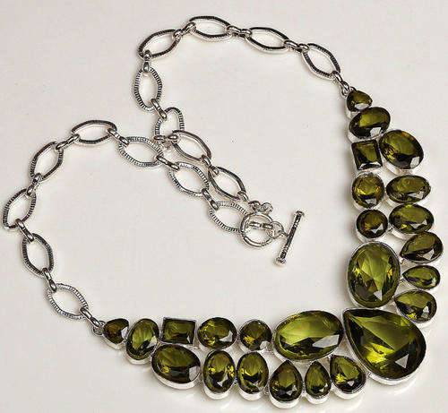 PHENOMENAL PERIDOT GREEN QUARTZ NATURAL GEMSTONE 925 SILVER NECKLACE 19"