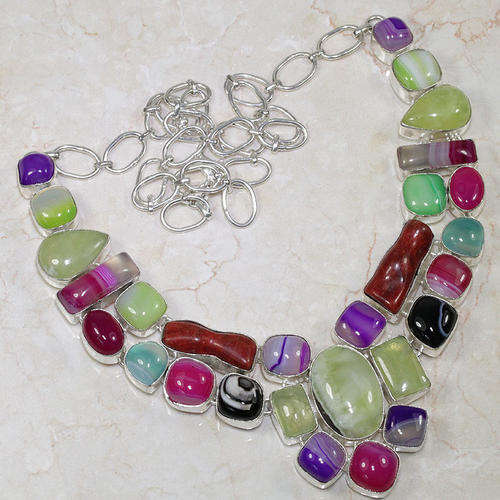 VARIOUS BOTSWANA AGATE, PREHNITE & RED CORAL NATURAL GEMSTONE 925 SILVER NECKLACE 23" - B4330 J10