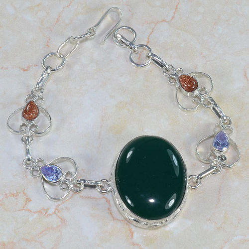 BEAUTIFUL JADE, GOLD SUN SITARA & AMETHYST NATURAL GEMSTONE 925 SILVER BRACELET 8-8.5" - V3767 J6