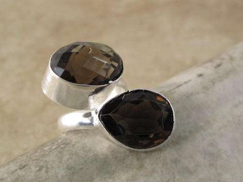 UNIQUE CHECKERBOARD CUT SMOKY QUARTZ NATURAL GEMSTONE 925 SILVER RING - VERY BULKY RING - ADJUSTABLE
