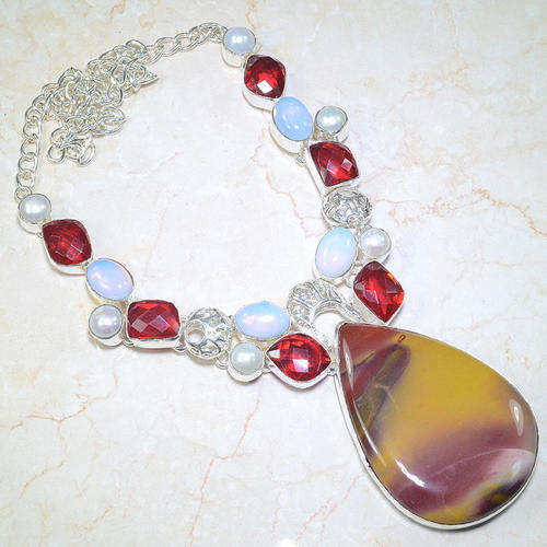 IMPRESSIVE MOOIKAITE, OPALITE & OTHER NATURAL GEMSTONES 925 SILVER NECKLACE 20" - G65824