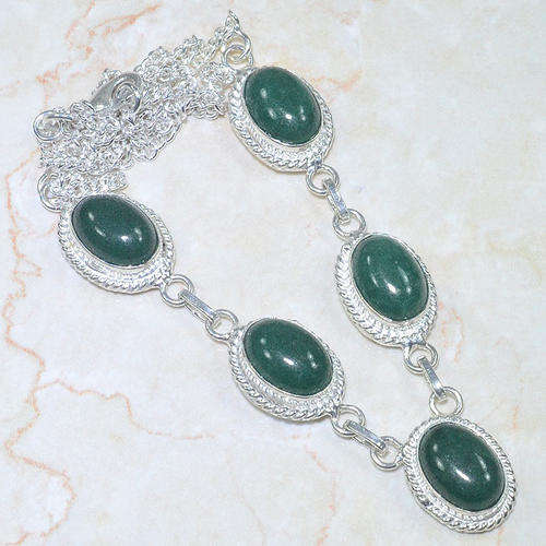 DESIRABLE 100% NATURAL EARTH MINED EMERALD CABOCHON GEMSTONE 925 SILVER NECKLACE 22"