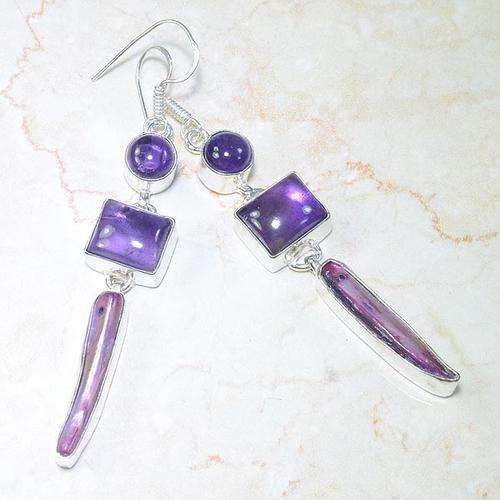 EXTRAORDINARY BIWA PEARL & AMETHYST NATURAL GEMSTONE 925 SILVER EARRINGS 3.5" - G63359