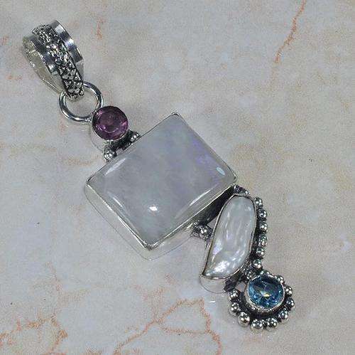 CLASSY RAINBOW MOONSTONE, TOPAZ & OTHER NATURAL GEMSTONE 925 SILVER PENDANT 2.5" - V3392 J4