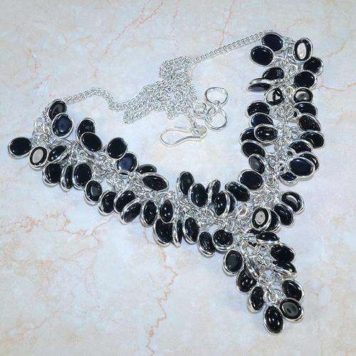 STRIKING MIDNIGHT BLACK ONYX NATURAL GEMSTONE 925 SILVER NECKLACE 20.5" - VX2850 J9