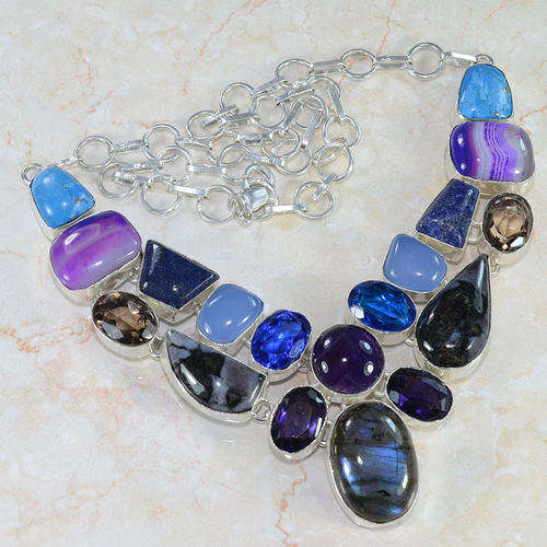MAGNIFICENT 9 MULTIPLE NATURAL GEMSTONES 925 SILVER NECKLACE 20.5" - V9929 J5