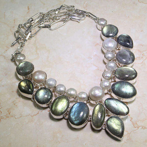 EXQUISITE FIRE LABRADORITE & RIVER PEARL NATURAL GEMSTONE 925 SILVER NECKLACE 21.25" - G71624
